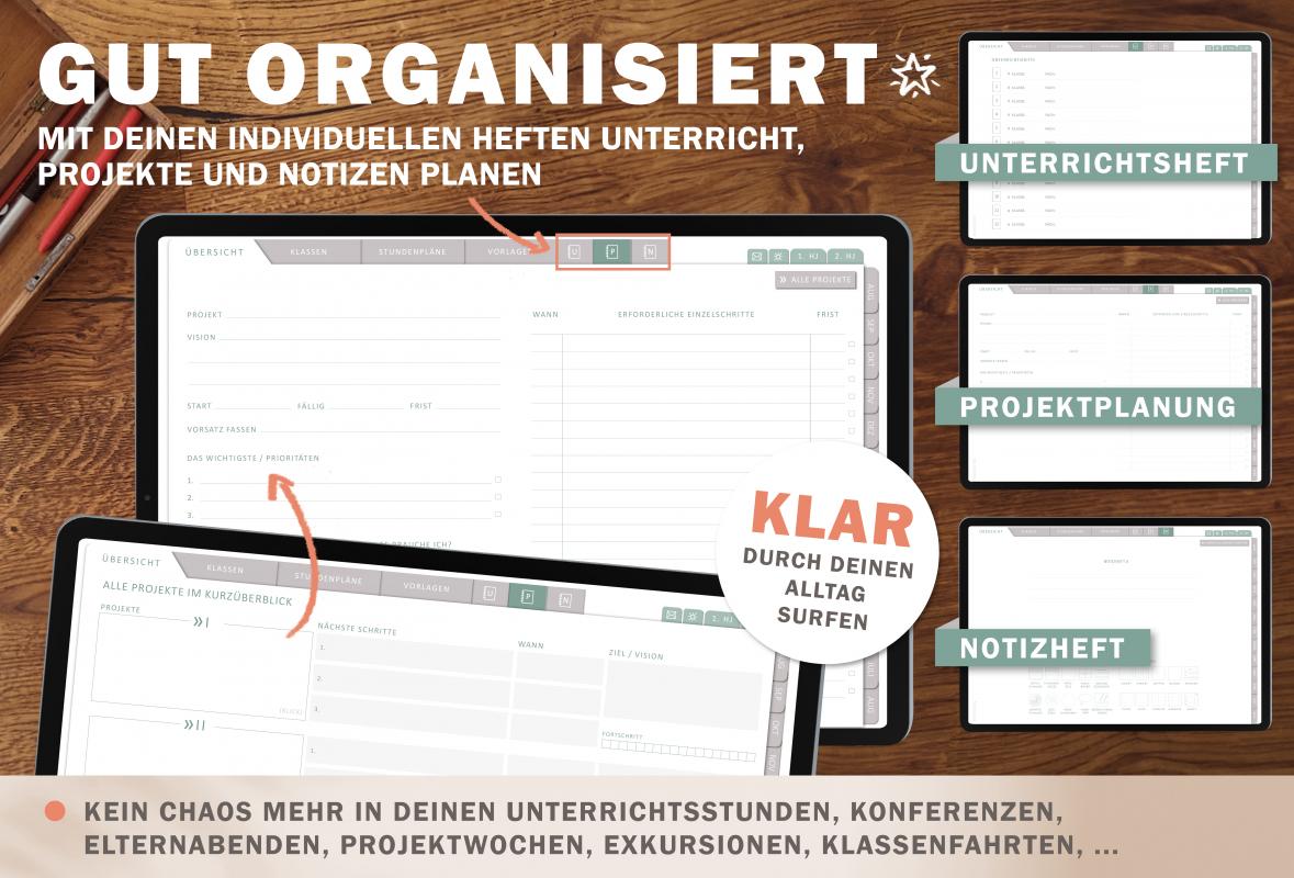 Download Terminkalender für Lehrerinnen & Lehrer, Schuljahr 2024 2025, mit Stundenpläne, 12 Klassenlisten für 35 Schüler:innen und weitere Planungshelfer